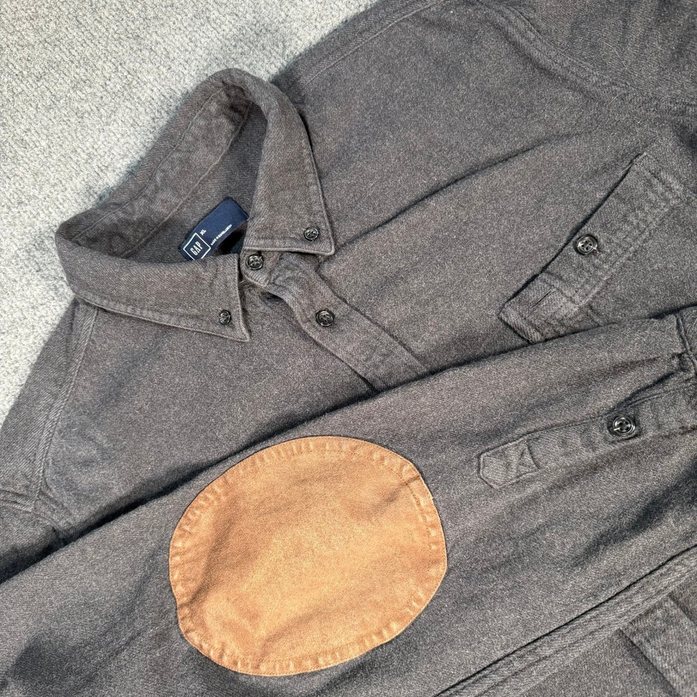 Gap Mens XL Flannel Shirt Gray Cotton Button Down Suede Elbow Patches #4613